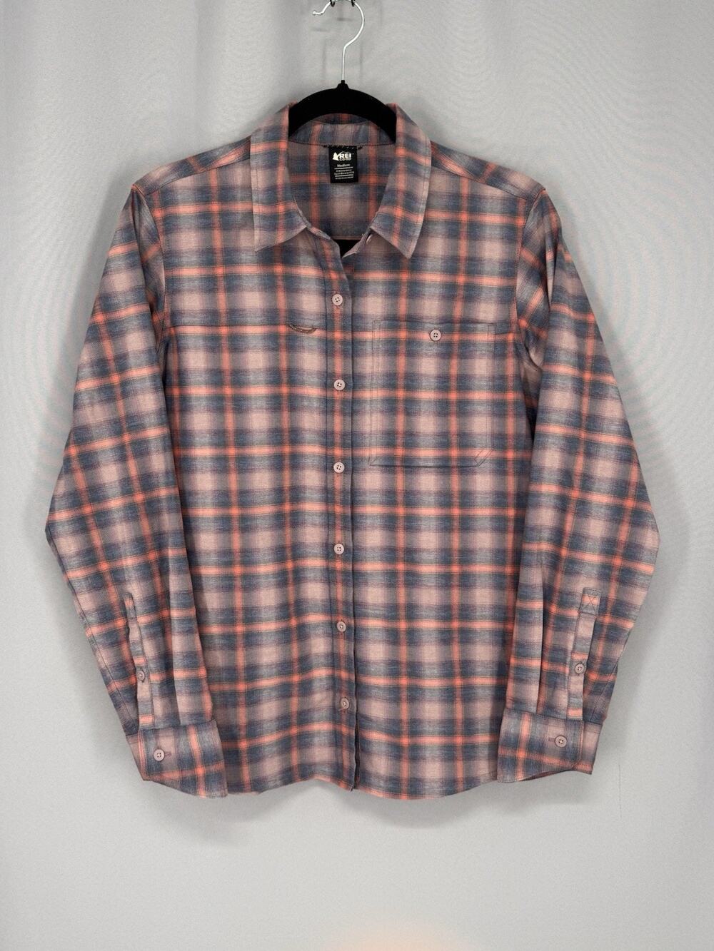 REI Co-Op Thermal Shirt Womens Medium Blue Sahara Button Down Side Pocket Plaid